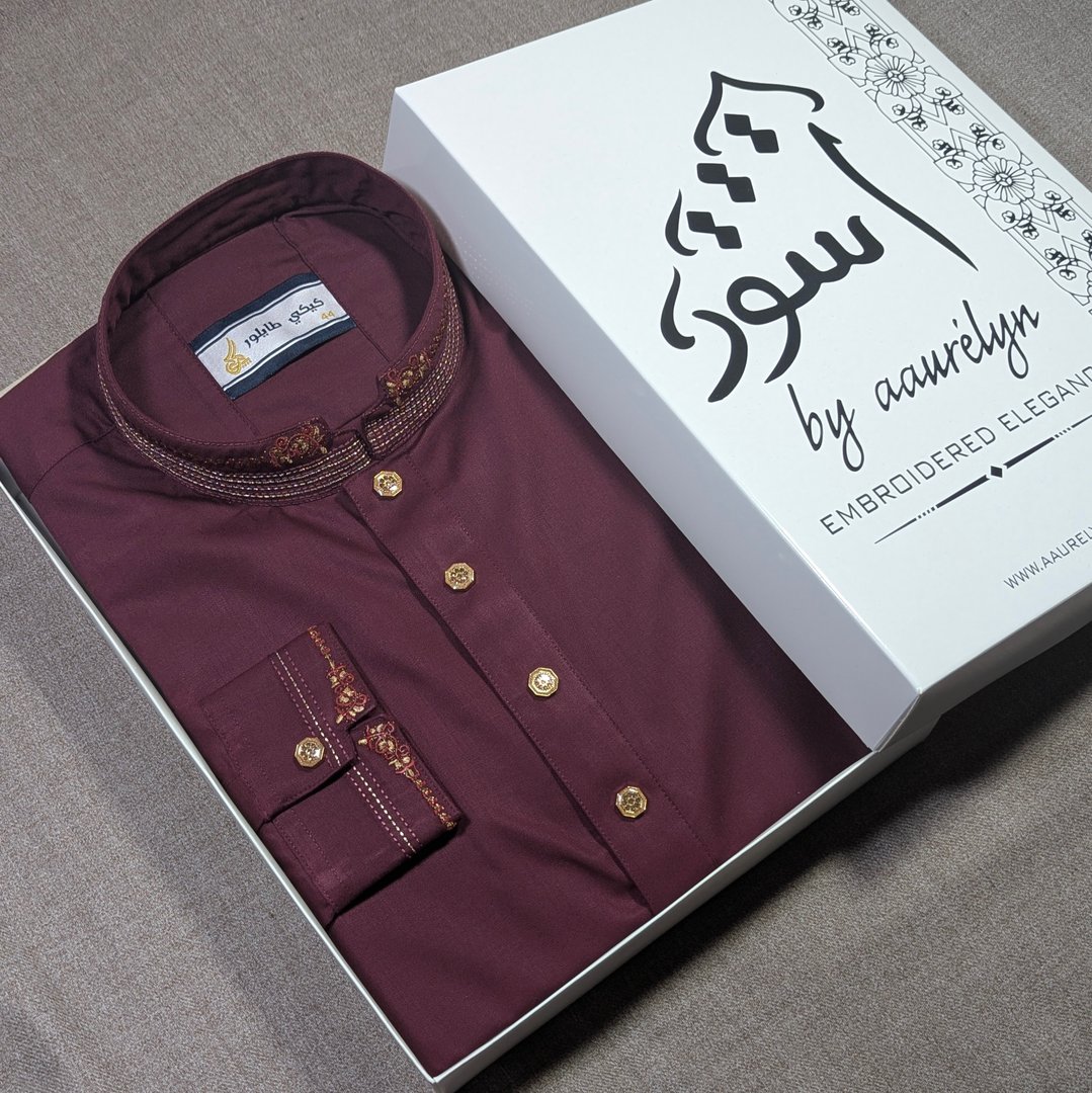 Aswad - Maroon Embroidered Premium Panjabi - aaurélyn | Aswad Collection