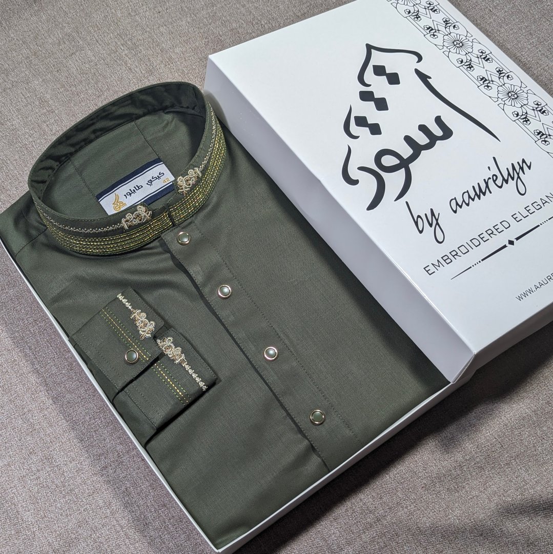Aswad - Olive Embroidered Premium Panjabi - aaurélyn | Aswad Collection