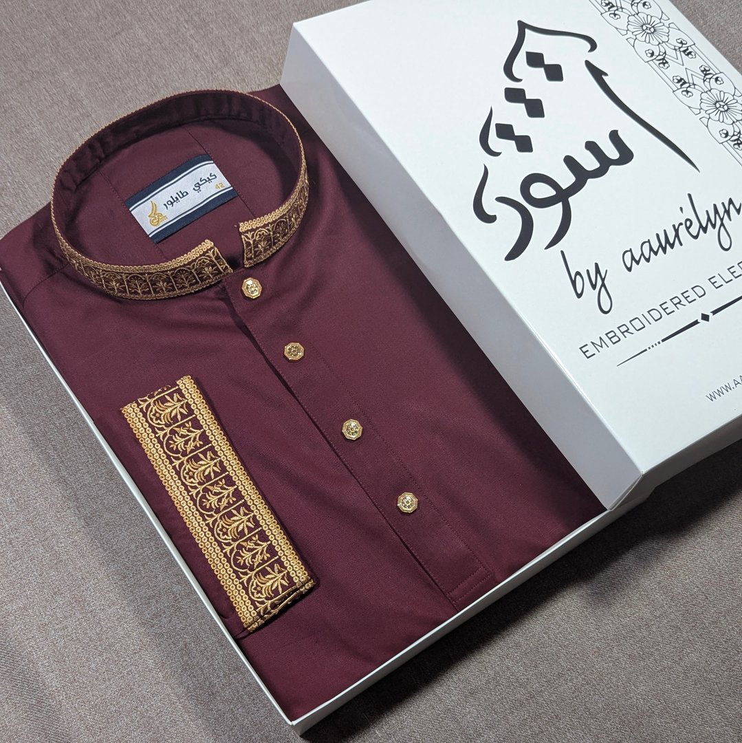 Aswad - Maroon Regular Fit Embroidered  Panjabi - aaurélyn | Aswad Collection