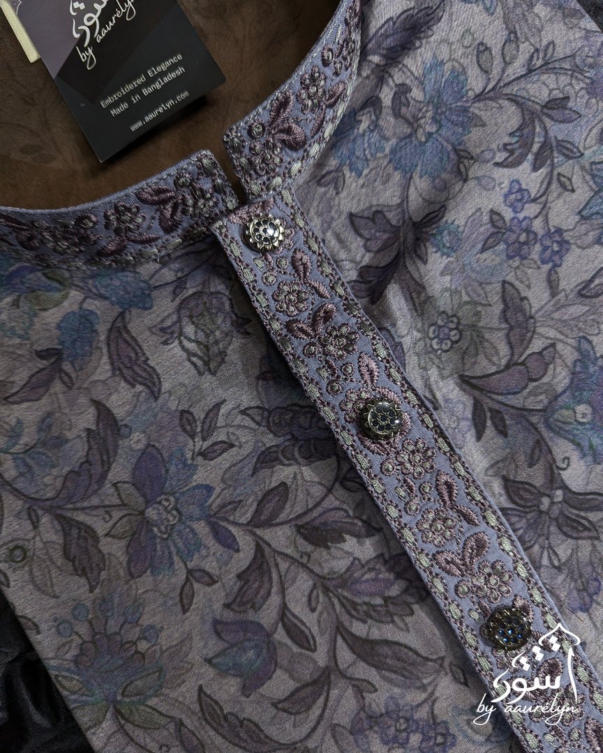 Lavender Floral Embroidered China Silk Panjabi - aaurélyn