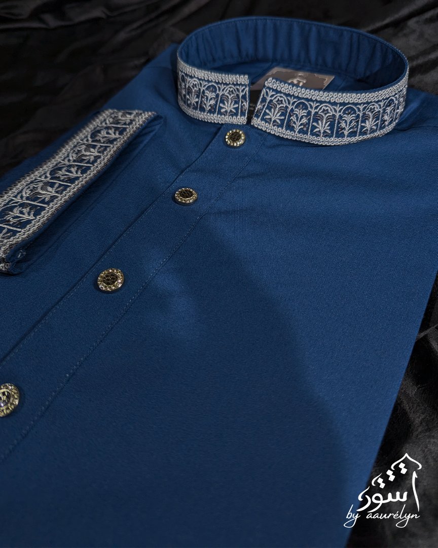 Aswad-Teal Blue Regular Fit Embroidery Panjabi - aaurélyn | Aswad Collection