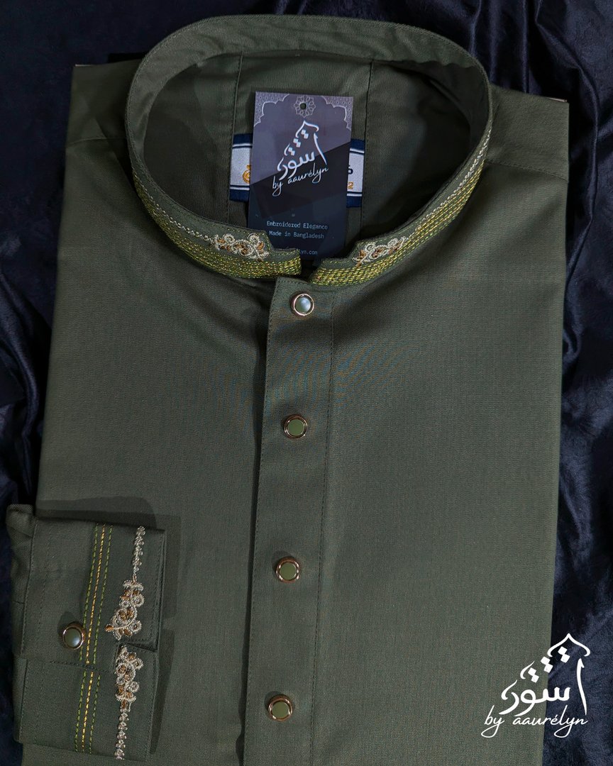 Aswad - Olive Embroidered Premium Panjabi - aaurélyn | Aswad Collection