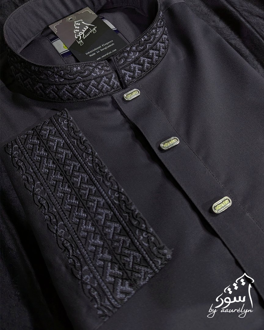 Aswad – Deep Charcoal Embroidered Panjabi - aaurélyn | Aswad Collection