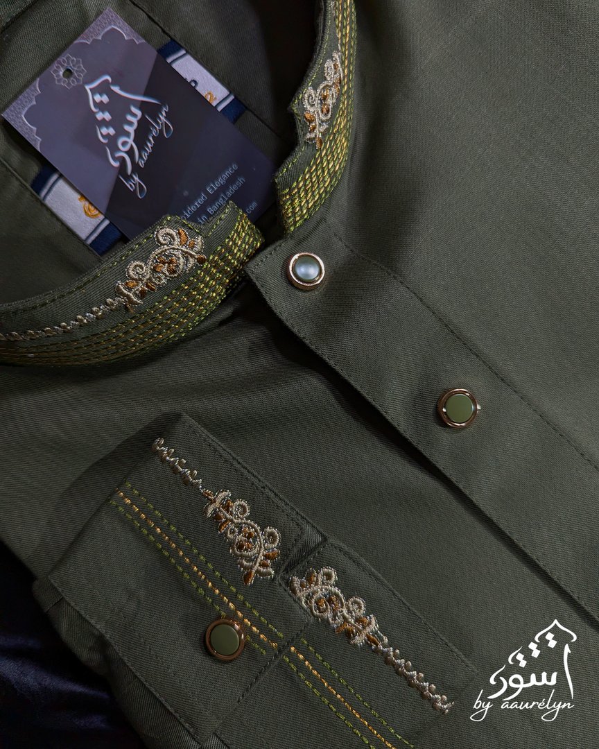 Aswad - Olive Embroidered Premium Panjabi - aaurélyn | Aswad Collection