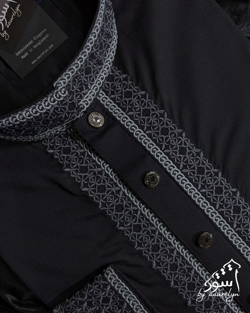 Aswad – Black  Regular Fit Embroidered Panjabi - aaurélyn | Aswad Collection