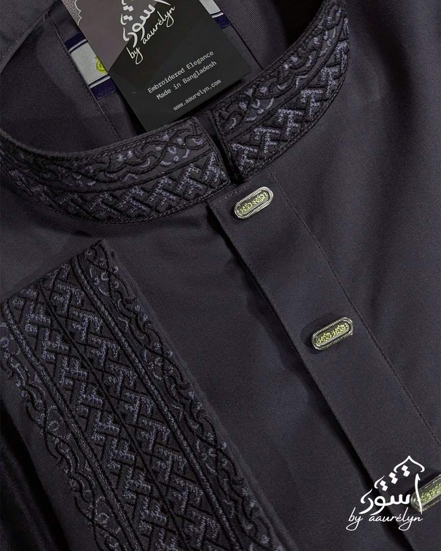 Aswad – Deep Charcoal Embroidered Panjabi - aaurélyn | Aswad Collection