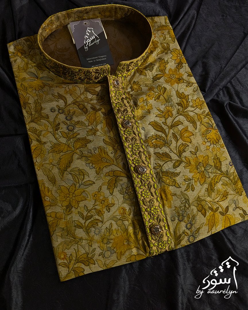 Ethereal Floral Embroidered China Silk Panjabi - aaurélyn