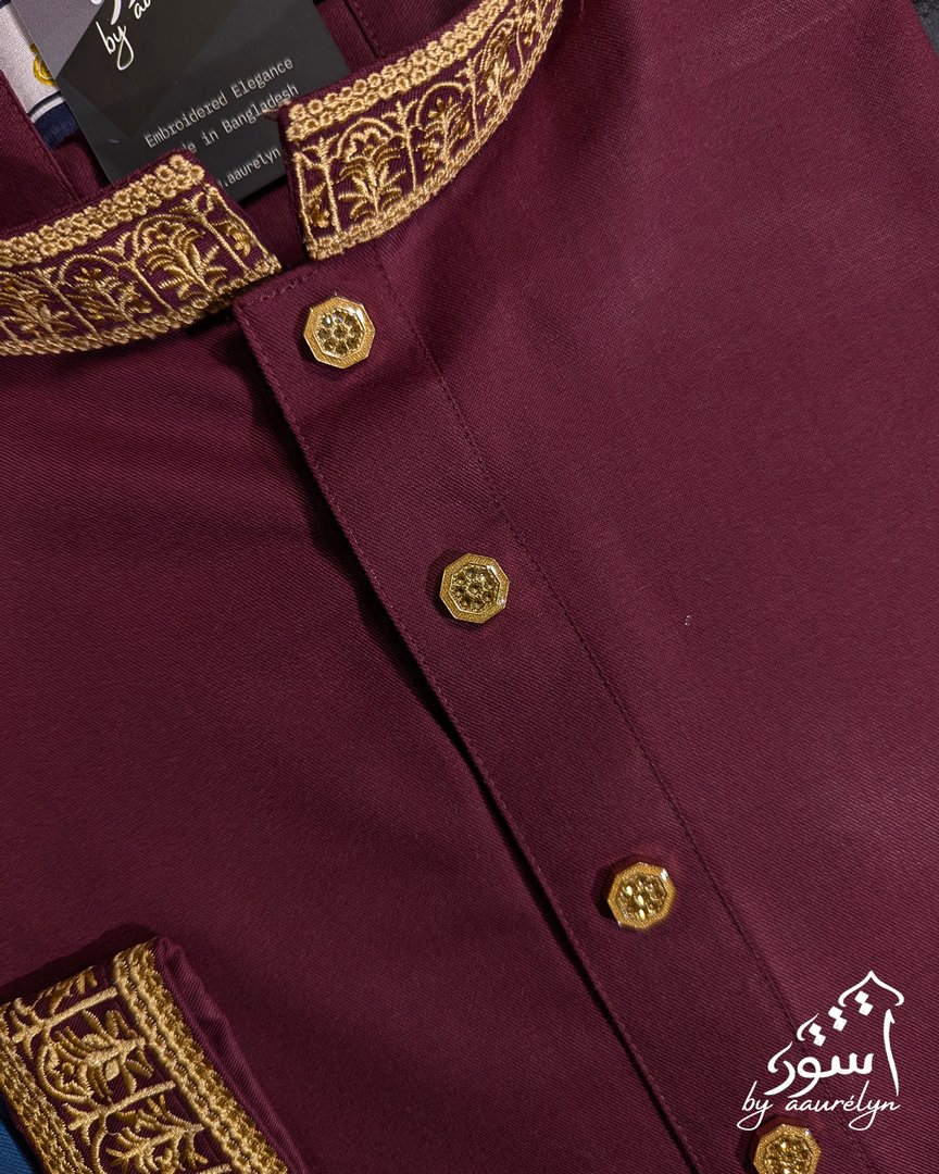 Aswad - Maroon Regular Fit Embroidered  Panjabi - aaurélyn | Aswad Collection