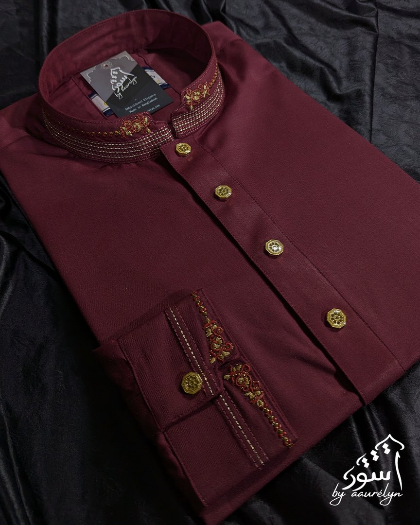 Aswad - Maroon Embroidered Premium Panjabi - aaurélyn | Aswad Collection