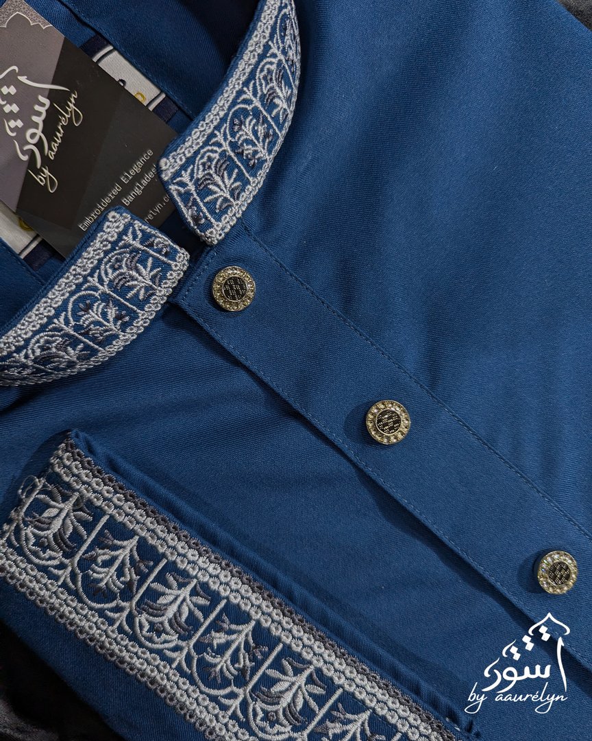 Aswad-Teal Blue Regular Fit Embroidery Panjabi - aaurélyn | Aswad Collection