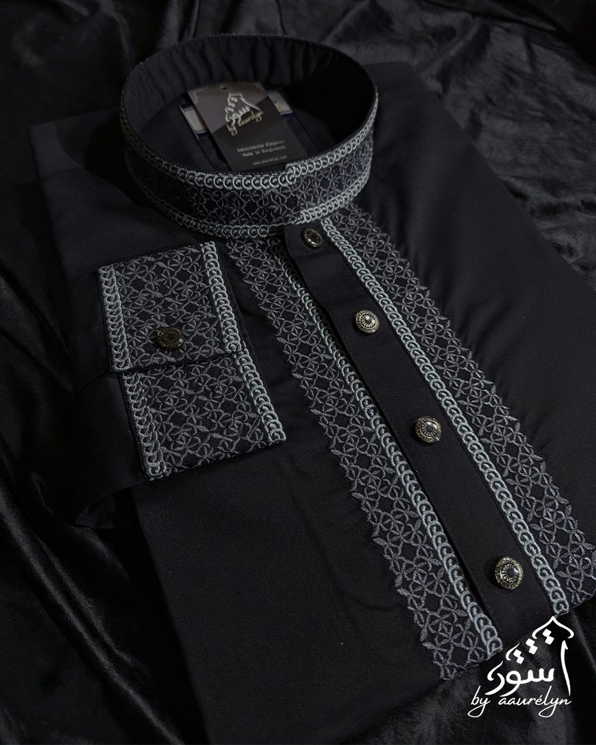 Aswad – Black  Regular Fit Embroidered Panjabi - aaurélyn | Aswad Collection