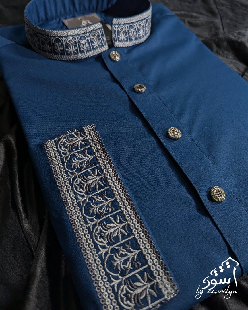 Aswad-Teal Blue Regular Fit Embroidery Panjabi - aaurélyn | Aswad Collection