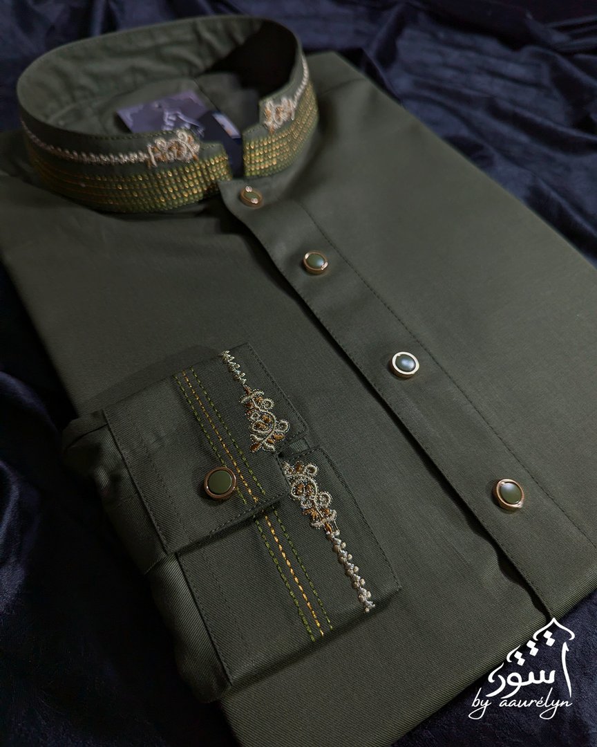 Aswad - Olive Embroidered Premium Panjabi - aaurélyn | Aswad Collection