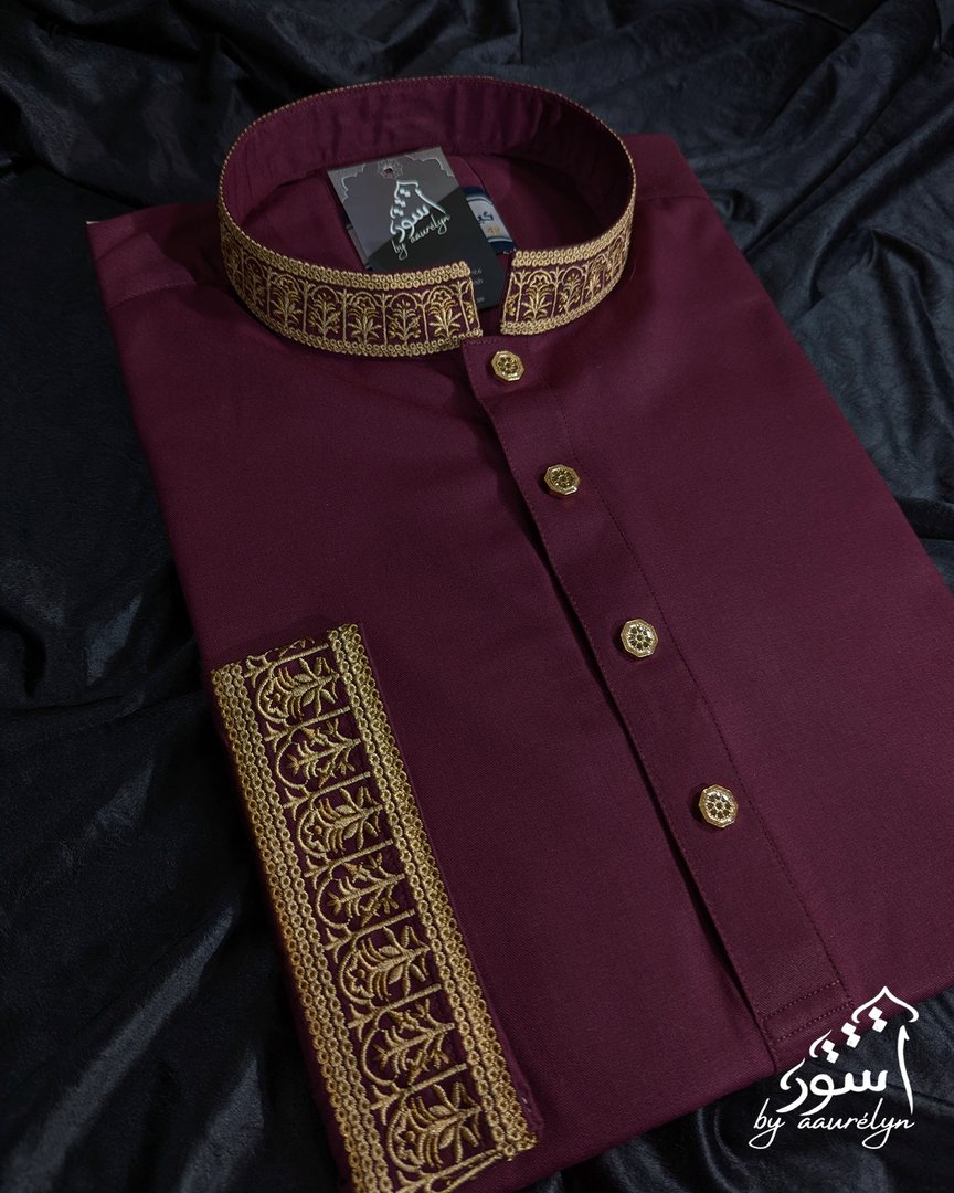 Aswad - Maroon Regular Fit Embroidered  Panjabi - aaurélyn | Aswad Collection