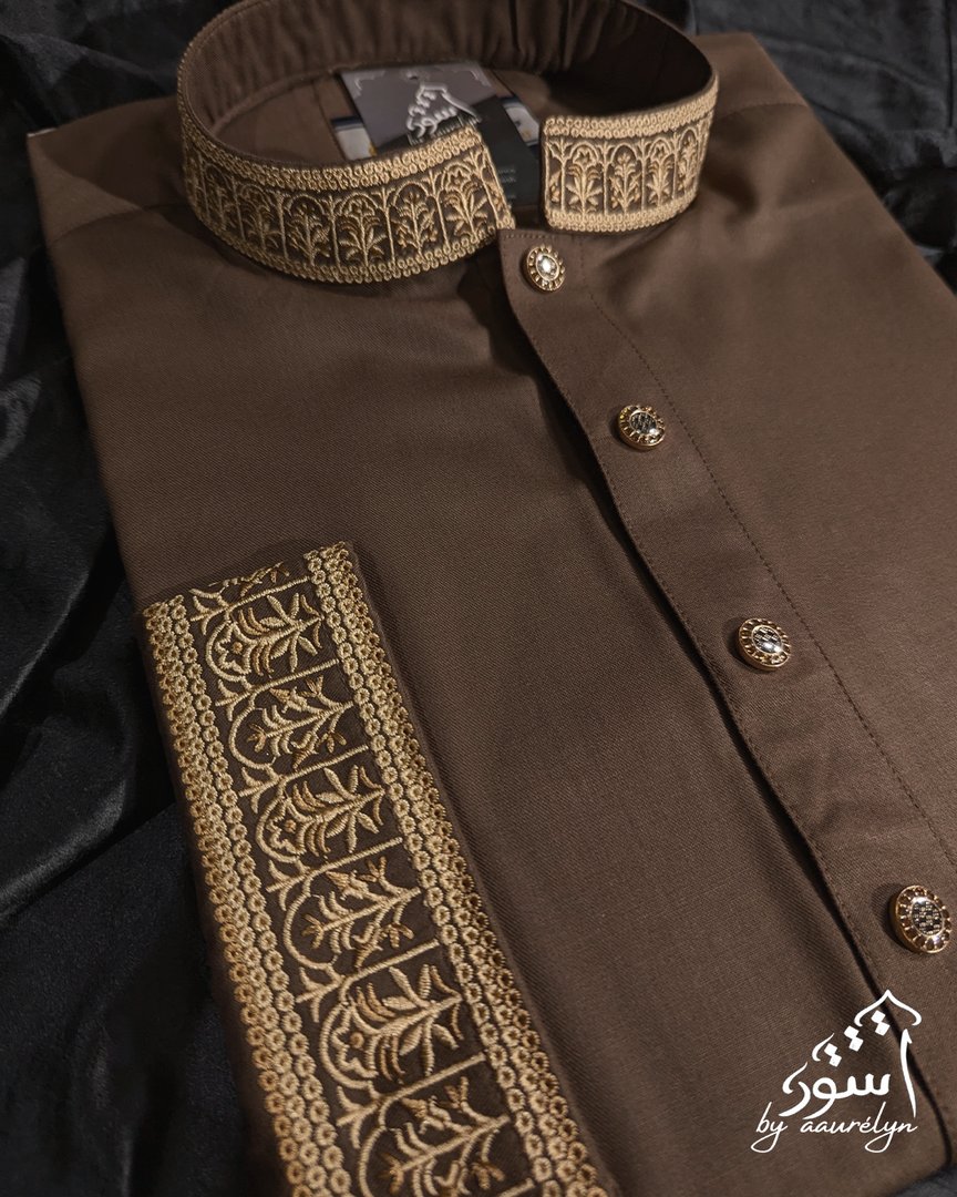 Aswad- Brown Regular Fit Embroidery Panjabi - aaurélyn | Aswad Collection