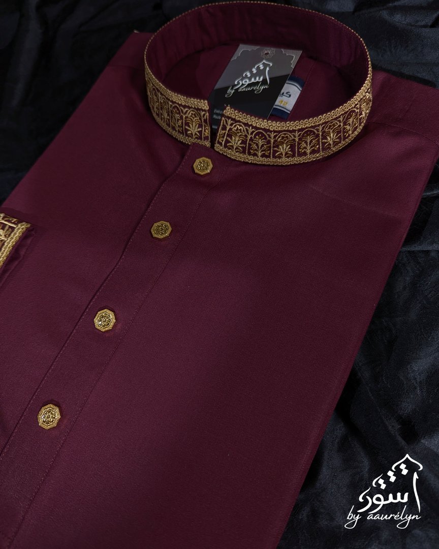 Aswad - Maroon Regular Fit Embroidered  Panjabi - aaurélyn | Aswad Collection